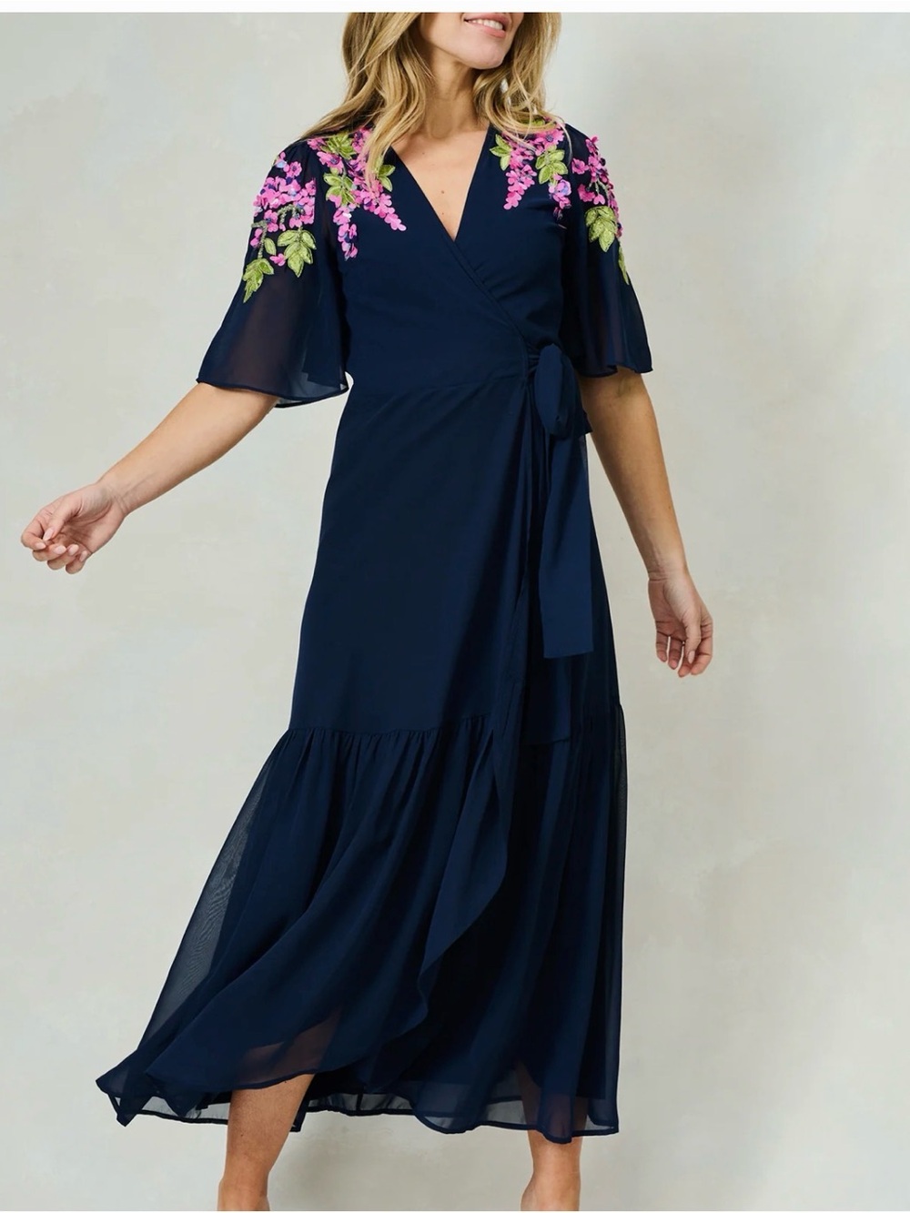 Floral-Embroidered Navy Maxi Wrap Dress with Tie Waist - Picture 5 of 8